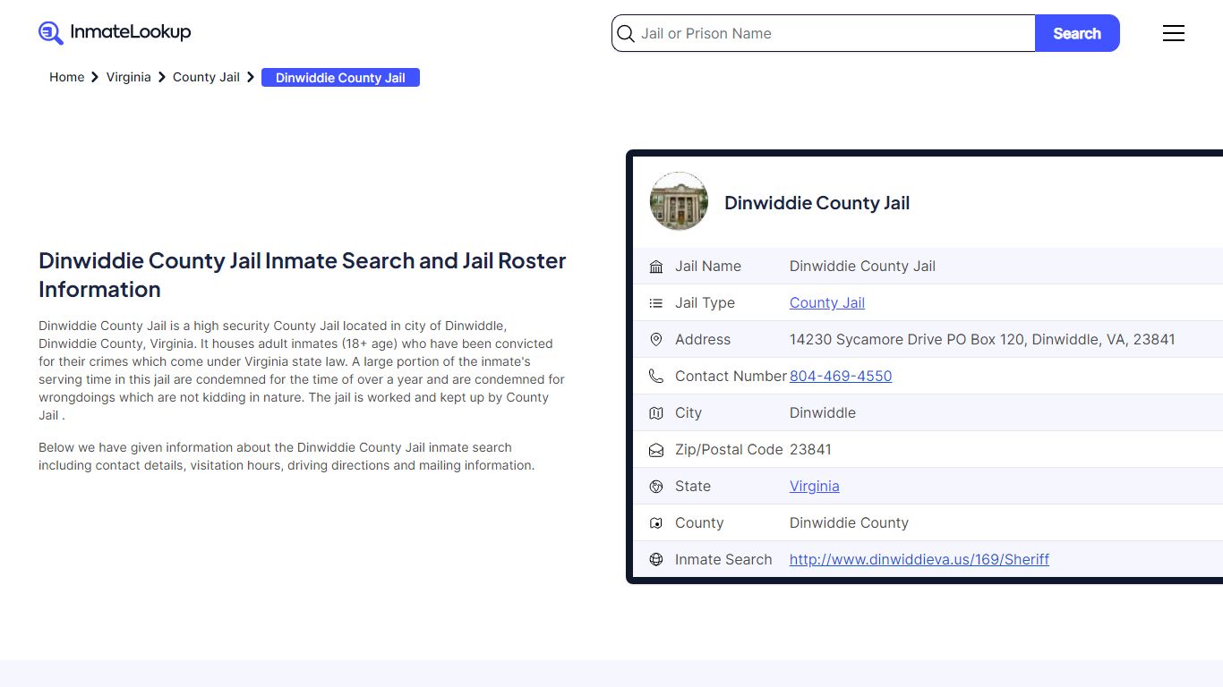 Dinwiddie County Jail Inmate Search and Jail Roster Information